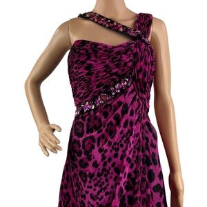 Cassandra Stone by Mac Duggal One-Shoulder Gown 2 Fuchsia Leopard Print Beaded